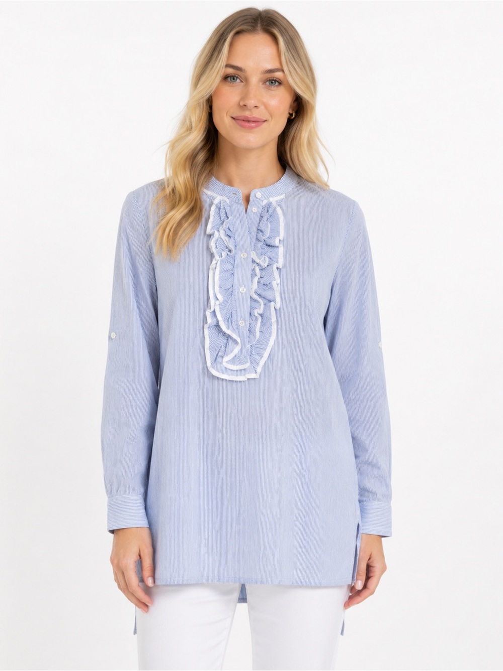 Tommy Hilfiger Womens Long Sleeve Blue Striped Button-Up Tunic With Ruffle Detai